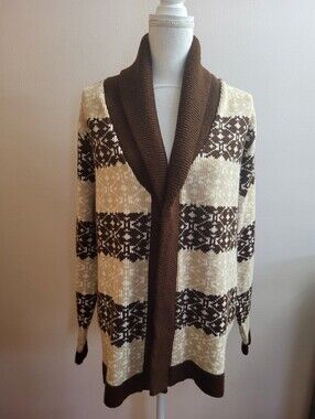 Vintage Geometric Fair Isle Shawl Collar Cardigan Brown Cream Size Medium